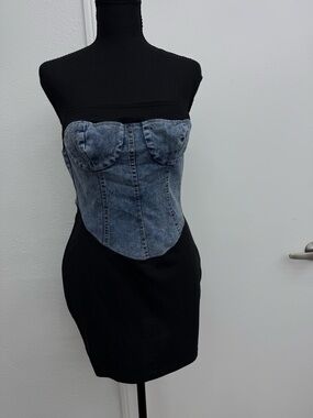 Strapless Denim Bustier Black Bodycon Dress